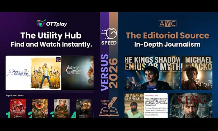 AllYourChoice vs OTTplay 2026 Comparison: A split-screen graphic showing OTTplay as a utility hub for fast streaming and AllYourChoice (AYC) as an editorial source for in-depth movie journalism, featuring posters of Sitaare Zameen Par and Michael Jackson's biopic.