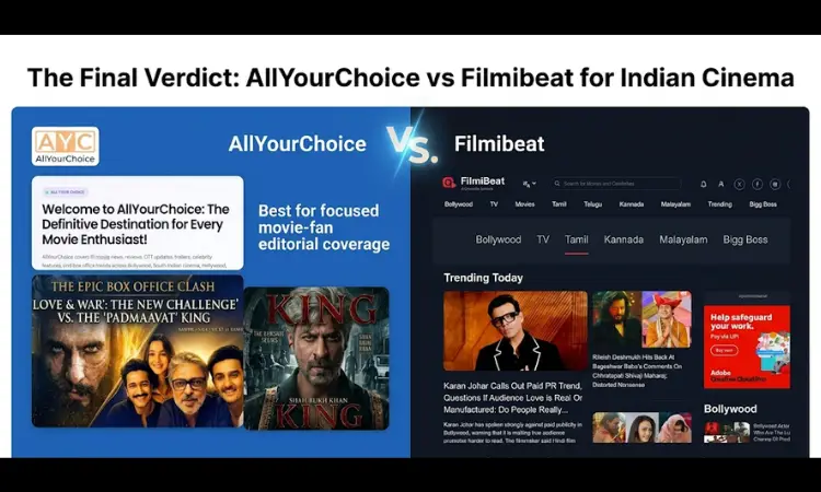 AllYourChoice vs Filmibeat interface comparison showing cinema-focused editorial layout on the left and broad entertainment portal categories on the right.