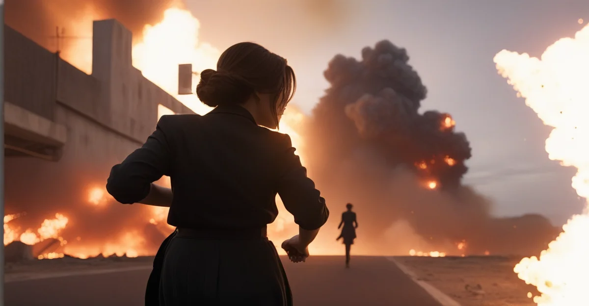 Alpha 2026 spies walking away from an explosion at dusk