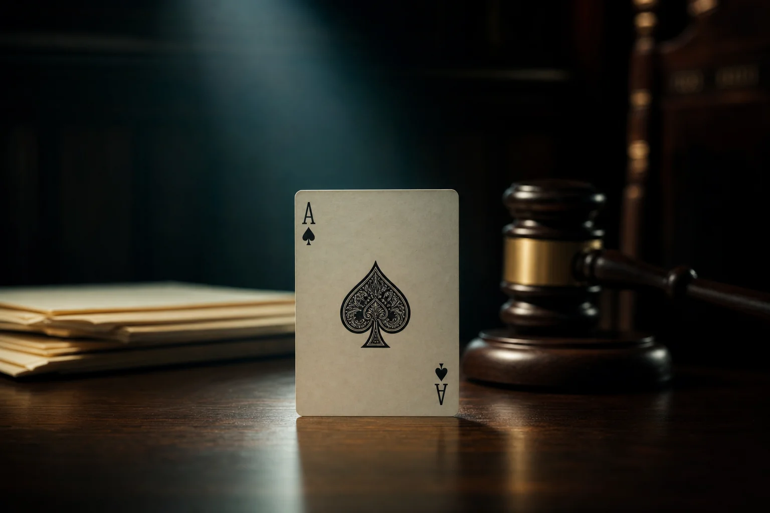 An ace playing card on a courtroom table, symbolising the meaning of the title Ikka