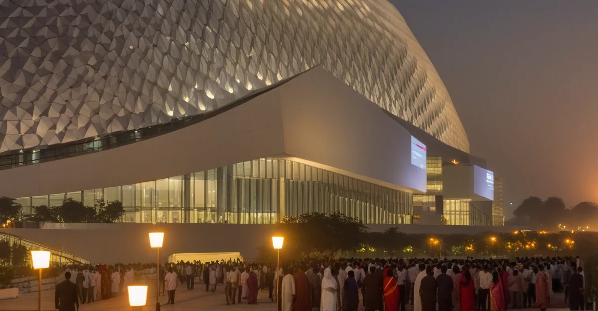 Bharat Mandapam Delhi convention centre lit up for a major film trailer launch event