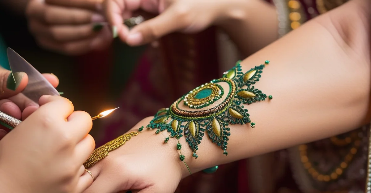 Henna and teal-green decor at a Bollywood-style mehendi ceremony