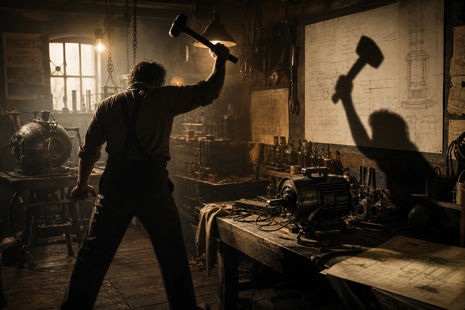 GDN trailer breakdown scene of an inventor destroying his own machines