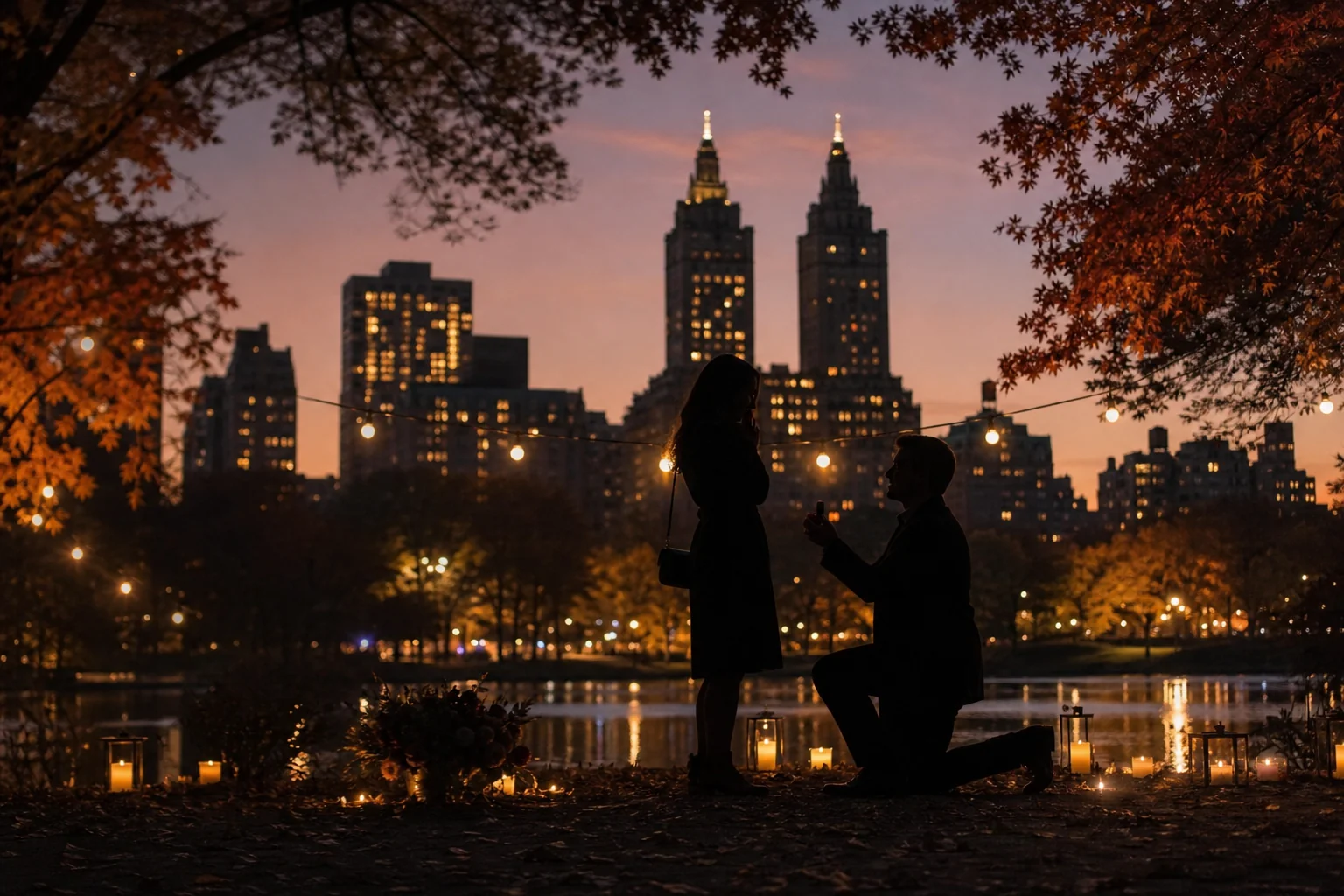 Silhouette of a New York City park proposal echoing Anshula and Rohan's love story