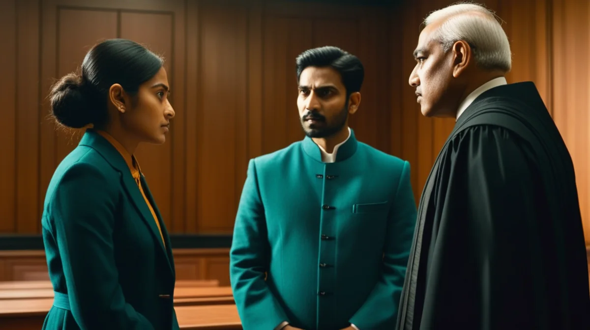 Two rival lawyers face off across a courtroom in the Netflix film Ikka