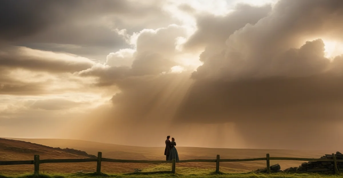 Wuthering Heights Margot Robbie Jacob Elordi as Catherine and Heathcliff on the moors