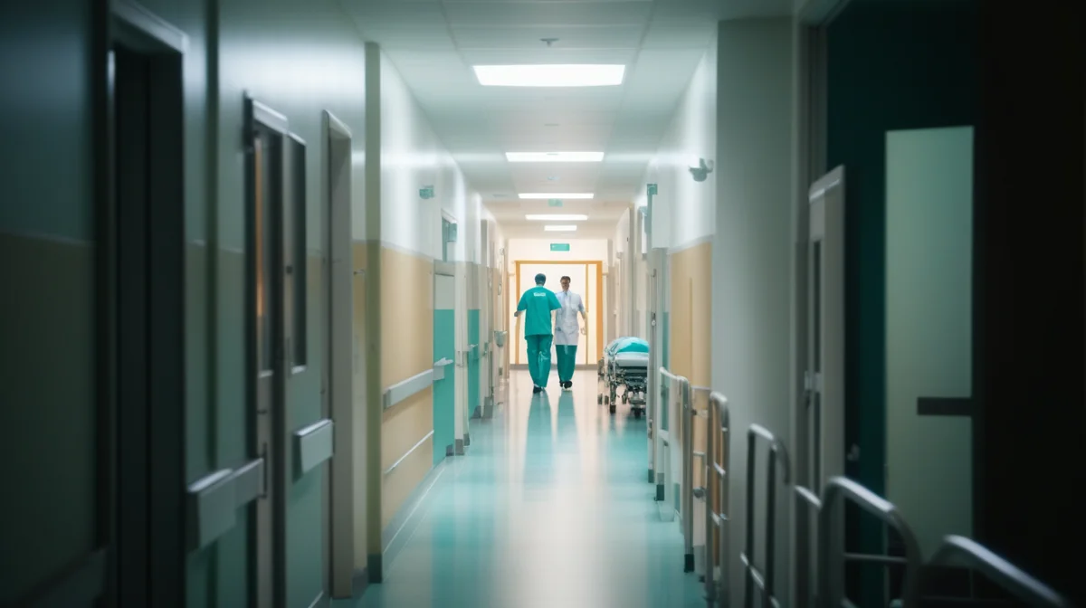 Hospital team rushing a stretcher down a corridor in a Tamil medical drama