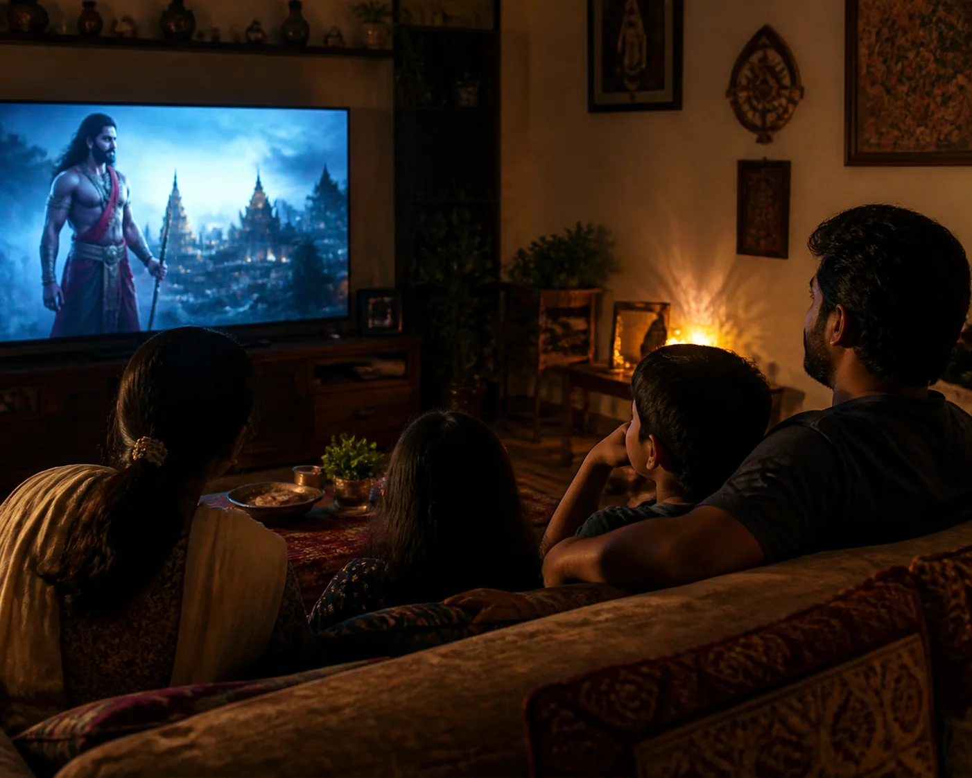 Indian family streaming South Indian movies at home on a smart TV