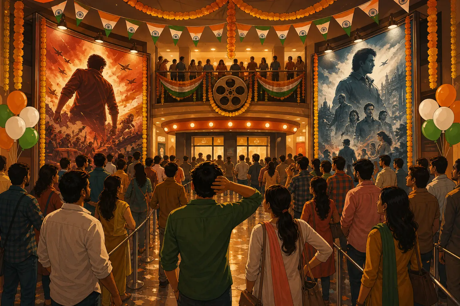 Moviegoers choosing between two Independence Day 2026 releases at an Indian cinema