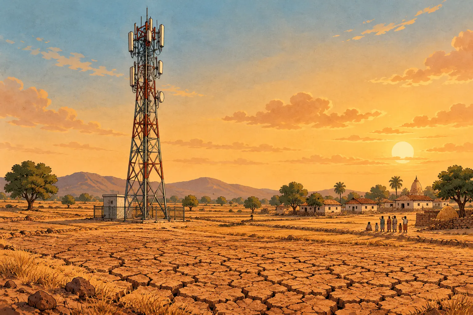 Mobile tower on barren farmland at the edge of a village, echoing the Dupahiya Season 2 setup